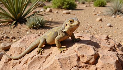 Fototapeta premium Lizard resting on rock in desert landscape