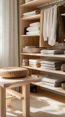Minimalist storage solution with neatly arranged linens and fabrics.