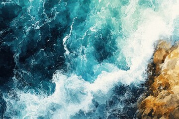 Fototapeta premium Abstract waves crashing against a rocky shoreline, the water swirling in dynamic, fluid watercolor forms.