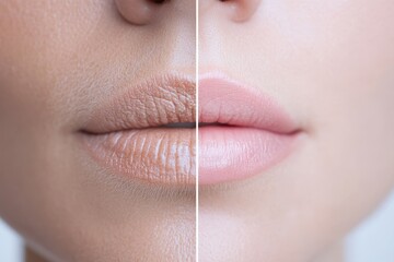Obraz premium Woman showing before and after lip care treatment