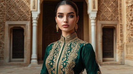Elegant Woman in Green Embroidered Dress at Palace