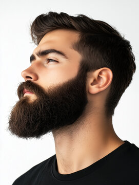 Retrato de hombre con ojos cerrados en fondo blanco y con barba peinada