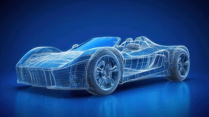 Frontside Futuristic AR car wireframe concept, generative ai, Augmented reality wireframe of car concept with blue background