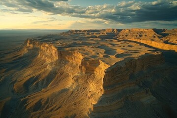 Aerial perspective of a canyon at sunset, the shadows elongating across the layered rock formations.