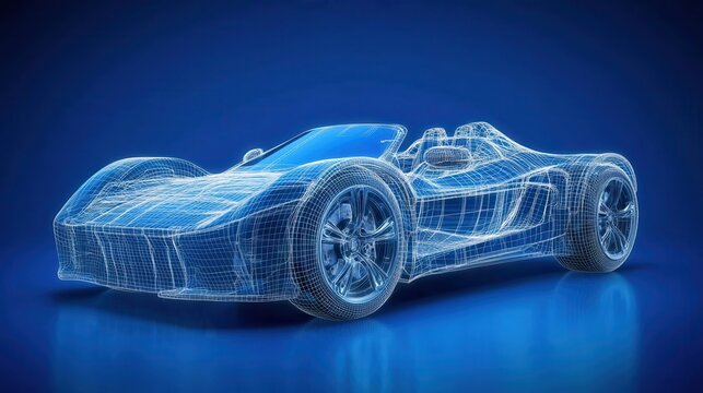 Frontside Futuristic AR car wireframe concept, generative ai, Augmented reality wireframe of car concept with blue background - Powered by Adobe