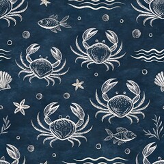 Strandtuch mit Foto Hand-drawn marine pattern with crabs, fish, and shells on dark blue background,  seamless pattern