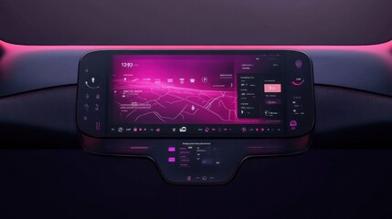 A digital dashboard in a smart car, displaying navigation, communication, and entertainment functions with voice control