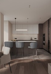 A 3d rendered illustration of a modern spacious kitchen with a free-standing kitchen island