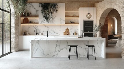 Modern kitchen island, marble counters, rustic home interior, archway glimpse of living room