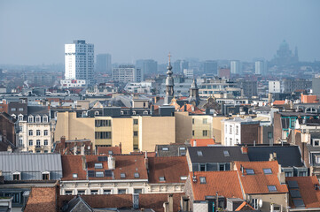 Naklejka premium High angle view over historical rooftops and monuments in Brussels old town, Belgium