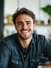 Fototapeta premium Man sitting at table with smile