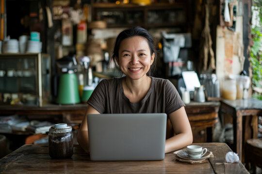 Smiling asian woman working on laptop in coffee shop