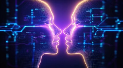 Futuristic digital faces with glowing circuitry elements highlighting AI innovation and machine learning.