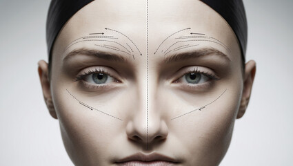 Beauty treatment design on a model's face showing precise contouring lines for aesthetic enhancement
