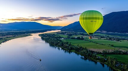 Obraz premium Aerial Adventure, soaring above breathtaking vistas, vibrant colors blend in the horizon, serene experience amidst rolling hills and valleys.