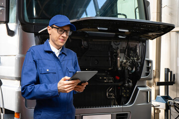 Serviceman with digital tablet on the background of the truck in the car service.