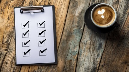 Empty goals list on clipboard and cup of coffee composition background