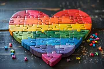 LGBT flag rainbow colored heart made of jigsaw puzzles on a black background