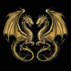 Fototapeta premium Two golden dragons with wings and claws, one on the left and one on the right