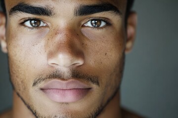 Obraz premium Serious young man staring with intense brown eyes and freckles