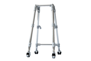 Detailed view of walker legs with wheels for mobility aid.