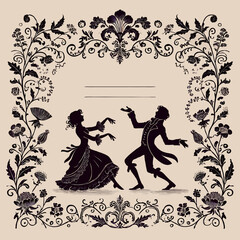 Vintage Wedding invitation card with bride and groom. Romantic Timeless vintage frame, couple dancing, fantasy ballroom dance, wreath of flowers and leaves ornament, funny valentines day flyer