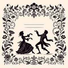 Fototapeta premium Vintage Wedding invitation card with bride and groom. Romantic Timeless vintage frame, couple dancing, fantasy ballroom dance, couple fooling around, funny valentines day flyer