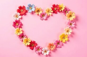 Spring creative heart-shaped frame with colorful flowers and copy space on a pastel pink background. Retro romantic aesthetic spring concept. Minimal idea