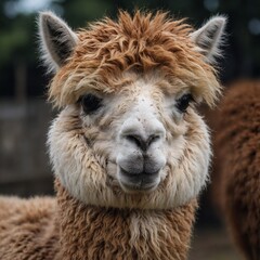 Fototapeta premium close-up front view of a fluffy alpaca. A baby alpaca with soft, curly fleece.A close-up of an alpacaface