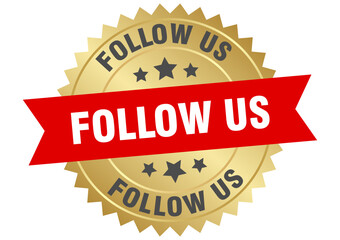 follow us. follow us round red and gold label isolated on transparent background