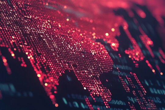 Global Network Digital World Map Red Binary Code Technology Abstract Background Futuristic Data Visualization Internet Connection Digital Innovation Modern Technology     - Powered by Adobe