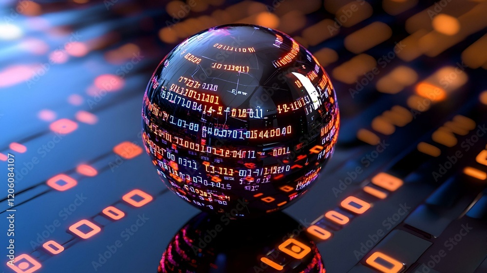 Poster glowing abstract data sphere, vibrant energy radiating from a spherical form, enveloped by intricate