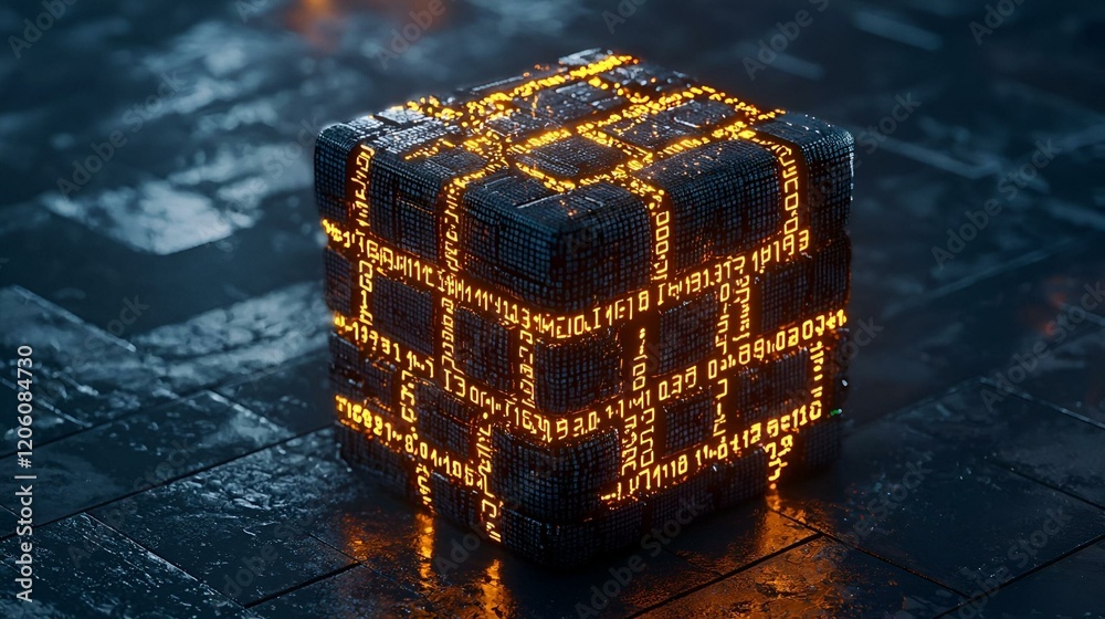 Poster illuminated data cube, a vibrant three-dimensional cube showcasing layered data charts, radiating a 