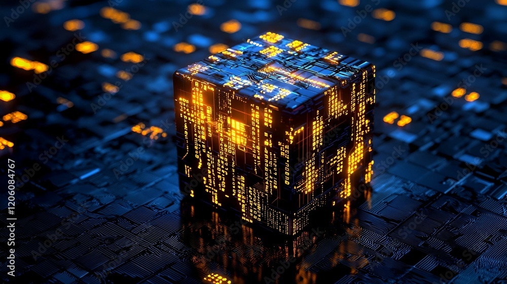 Poster illuminated 3d cube with layered data charts, showcasing vibrant analytics and information visualiza