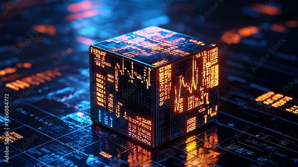 Poster illuminated 3d cube with layered data visualizations, a vibrant display of analytics and information