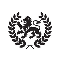 A flat silhouette of a lion surrounded by laurel leaves, symbolizing victory and prestige, black silhouette on a white background....
