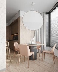 Modern scandinavian kitchen design with dining table and decor , 3d rendering