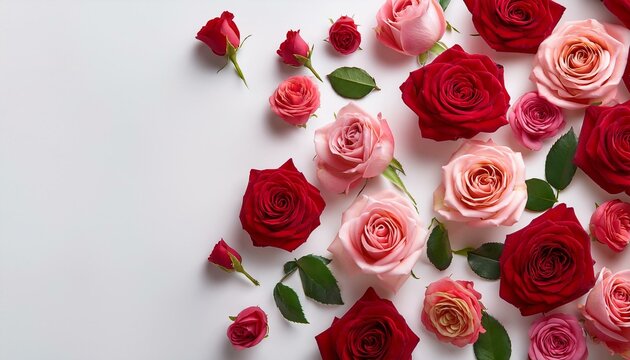 background of red and pink roses on white background