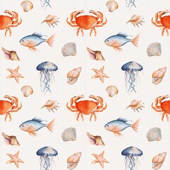 Sea seamless pattern with seashells, jellyfish, fish and a nautical rope. Marine oceanic life background in watercolor with underwater element.