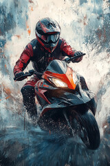 Motorcycle Rider in Dynamic Water Splash Action