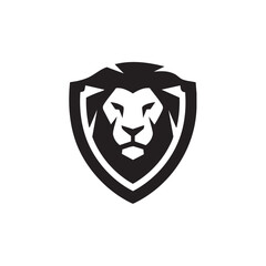 A flat silhouette of a lion’s face emerging from within a shield, combining strength and protection for a logo design, black silhouette on a white background....