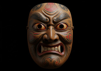 Talchum mask, intricate details of the painted design, expressive features , emotion anger, joy, sadness, the artistry of the mask making, dance performance during Seollal Korean Lunar New Year