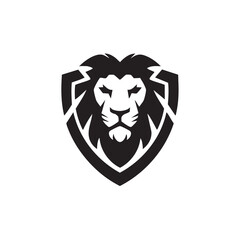A flat silhouette of a lion’s face emerging from within a shield, combining strength and protection for a logo design, black silhouette on a white background....