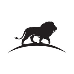 A flat silhouette of a lion walking along a curved line, resembling a horizon, perfect for a logo layout, black silhouette on a white background....