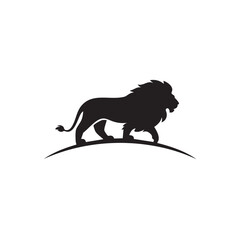 A flat silhouette of a lion walking along a curved line, resembling a horizon, perfect for a logo layout, black silhouette on a white background....