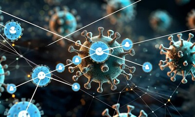 Detailed illustration of viruses interacting in a digital landscape, showcasing connections and data flow in a scientific context - Powered by Adobe