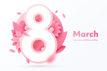 Greeting card design for March 8 - International Women's Day. Large number 8 on a background of pink decorative flowers, with space for text. 3D style. Isolated on white. Vector illustration