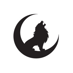 A flat silhouette of a lion howling upward, framed by a crescent moon for a striking logo concept, black silhouette on a white background....