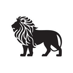 A flat silhouette of a lion standing sideways, with its mane styled in intricate patterns for an artistic logo, black silhouette on a white background....