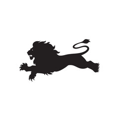 A flat silhouette of a lion leaping forward, with its claws outstretched and tail trailing behind, black silhouette on a white background....